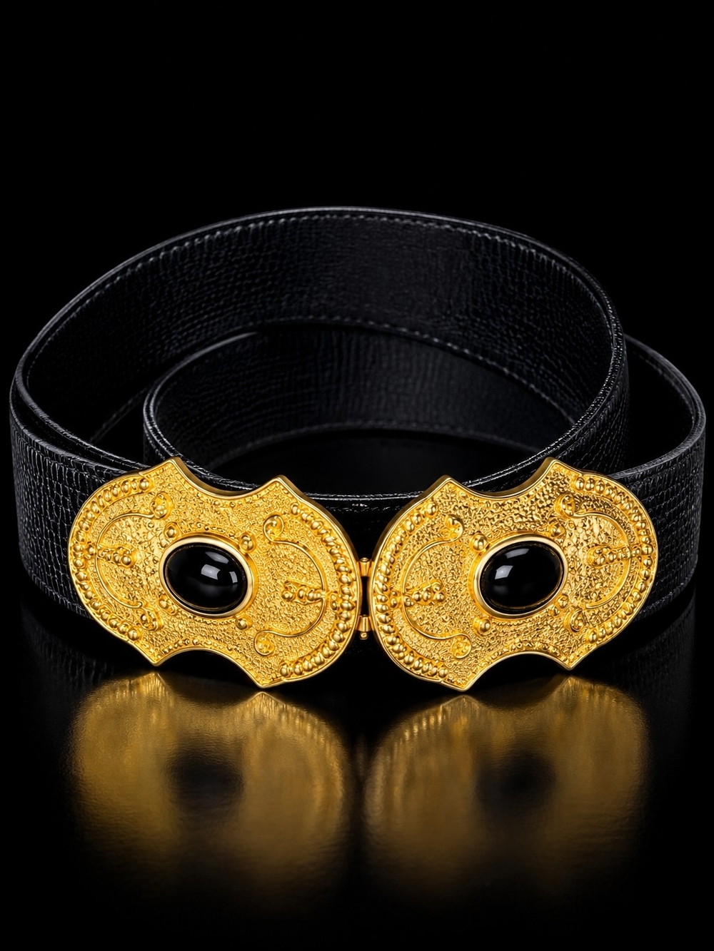 Vintage 1985 GAY BOYER Black Lizard Embossed Belt Gold Baroque Buckle Size S